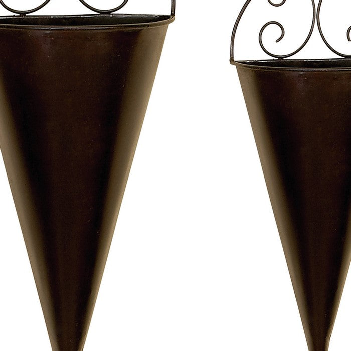 Conical Shaped Metal Wall Planters with Scrolled Details, Set of 2, Bronze