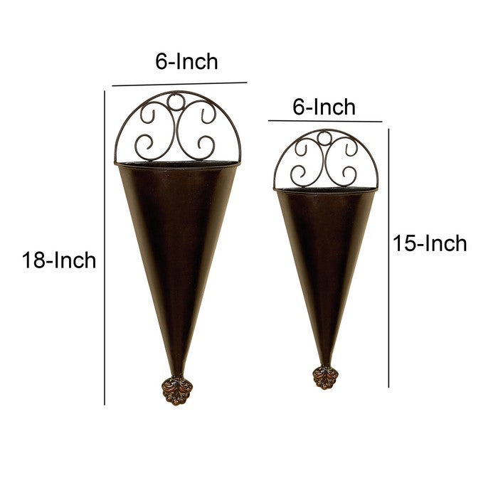 Conical Shaped Metal Wall Planters with Scrolled Details, Set of 2, Bronze