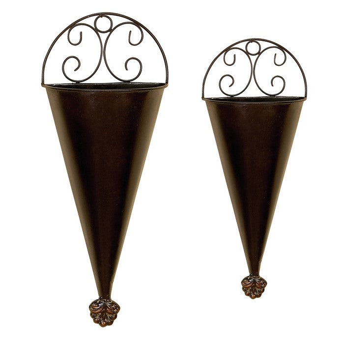 Conical Shaped Metal Wall Planters with Scrolled Details, Set of 2, Bronze