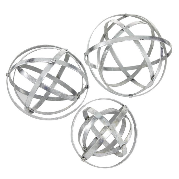 Atom Like Metal Orb Sculptures with Geometric Design, Set of 3, Silver