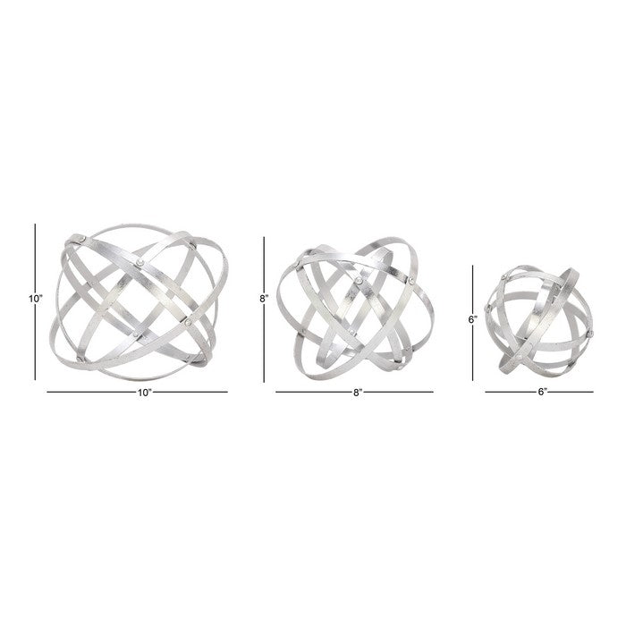 Atom Like Metal Orb Sculptures with Geometric Design, Set of 3, Silver