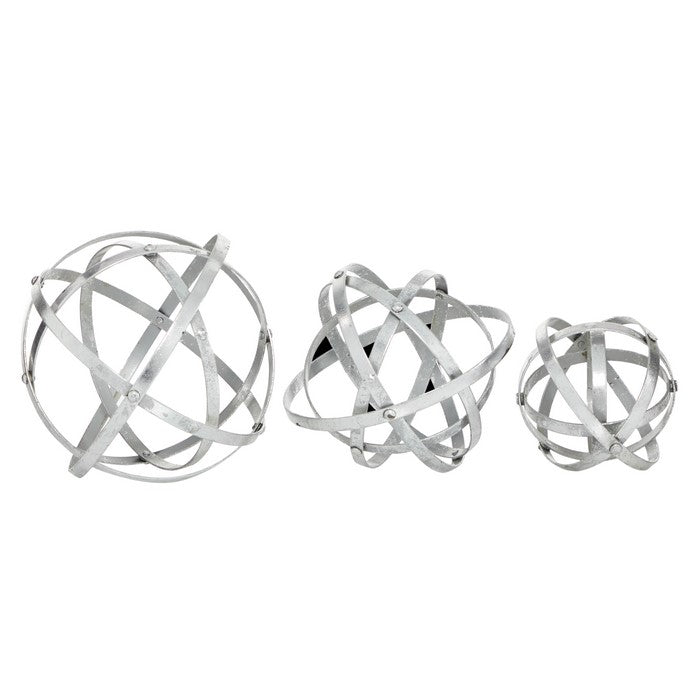 Atom Like Metal Orb Sculptures with Geometric Design, Set of 3, Silver