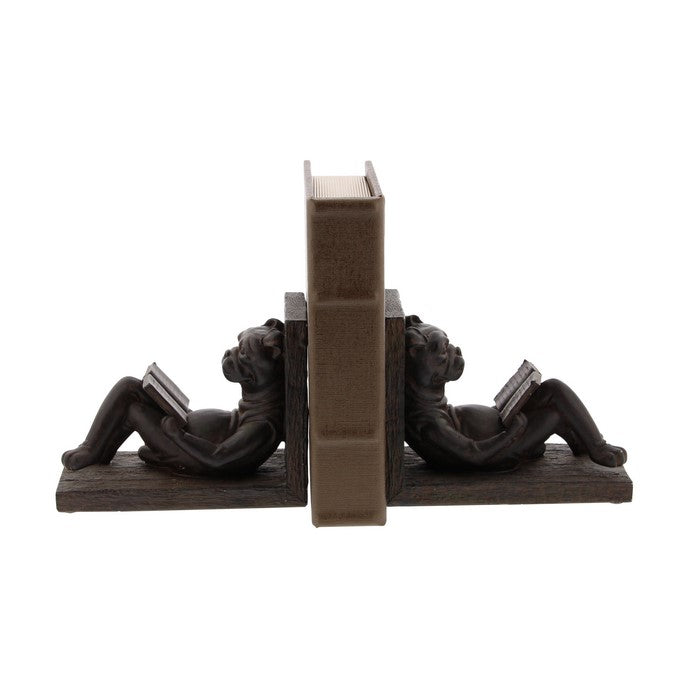 Polystone Bookend Pair with Book Reading Bulldog, Brown