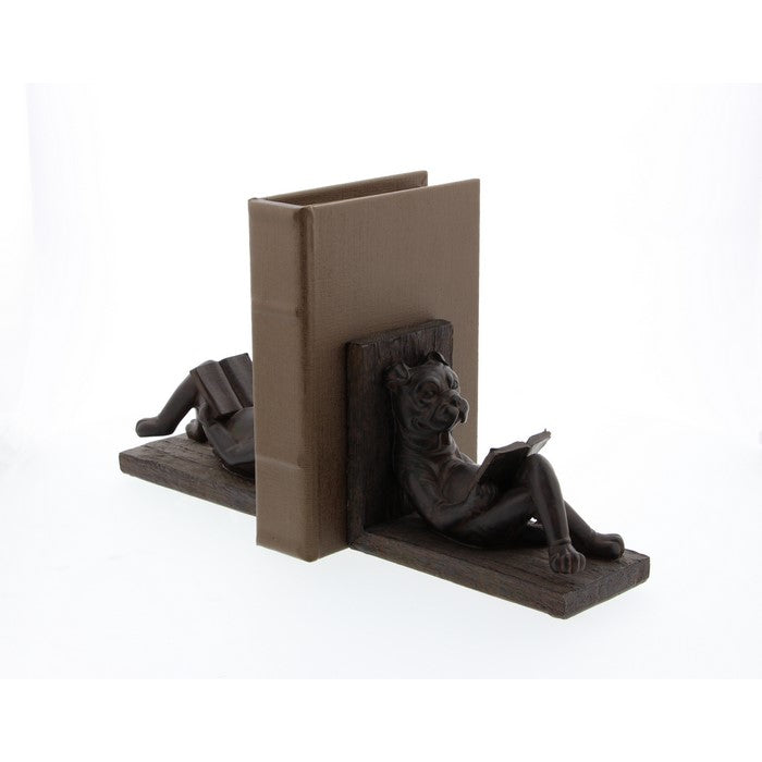 Polystone Bookend Pair with Book Reading Bulldog, Brown