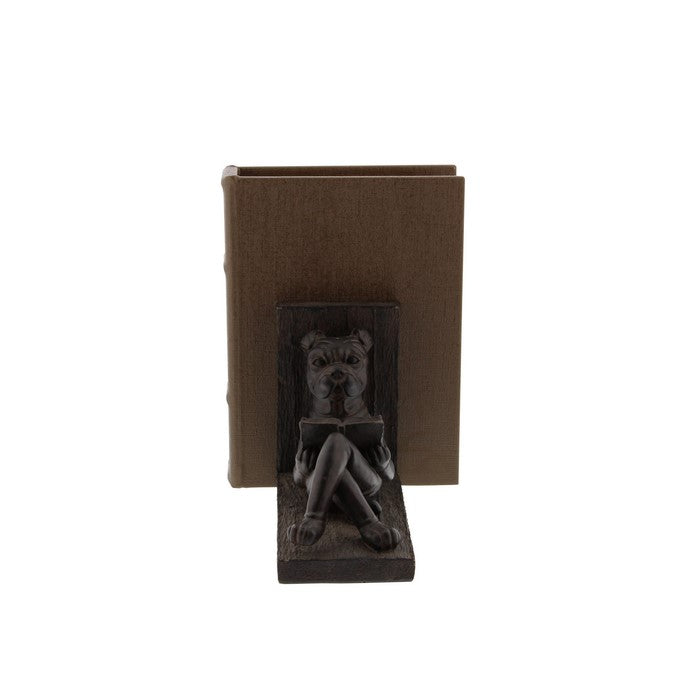 Polystone Bookend Pair with Book Reading Bulldog, Brown