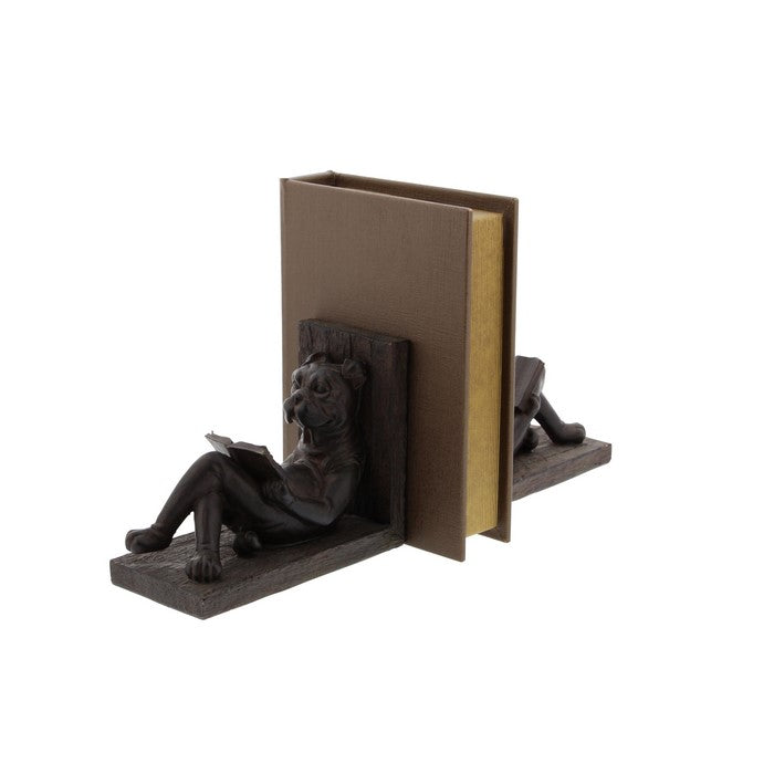Polystone Bookend Pair with Book Reading Bulldog, Brown