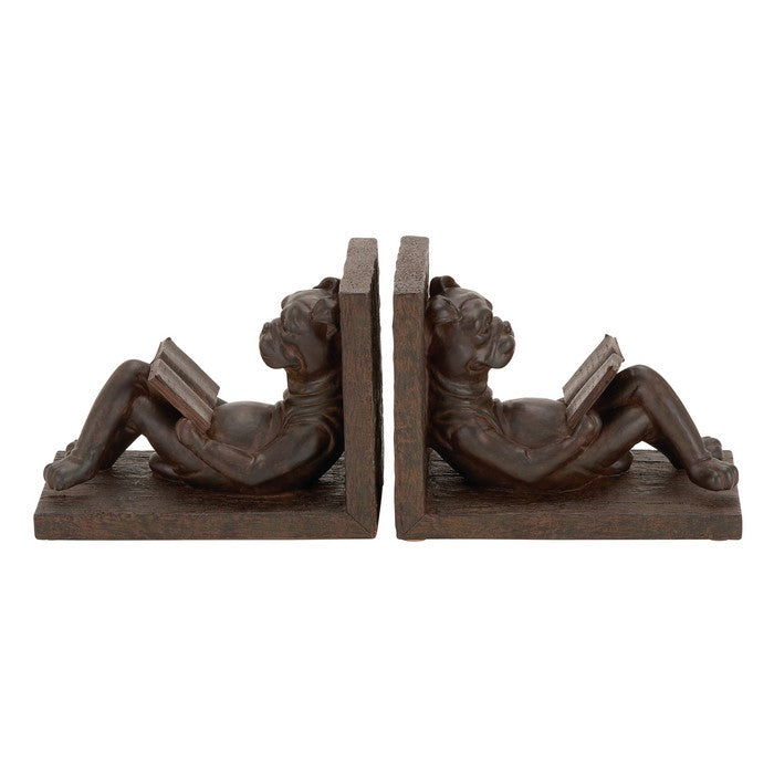 Polystone Bookend Pair with Book Reading Bulldog, Brown
