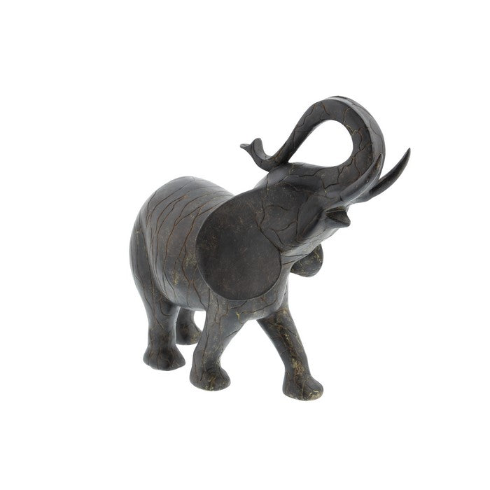 Polyresin Elephant Figurine with Raised Trunk and Textured Body, Brown