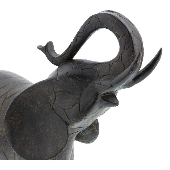 Polyresin Elephant Figurine with Raised Trunk and Textured Body, Brown