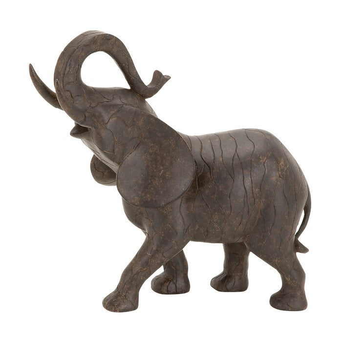 Polyresin Elephant Figurine with Raised Trunk and Textured Body, Brown