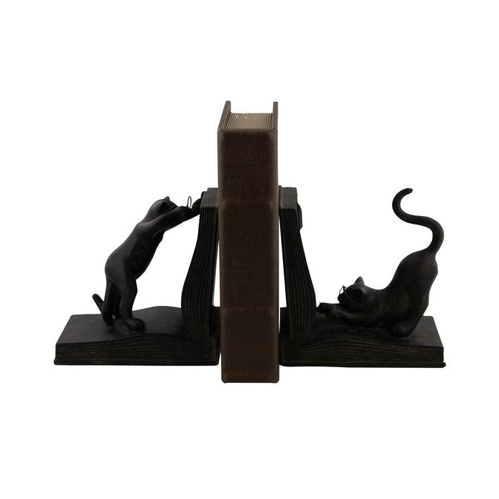 Polystone Bookend Pair with Book Opening Cats, Black