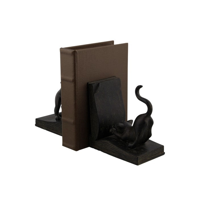 Polystone Bookend Pair with Book Opening Cats, Black