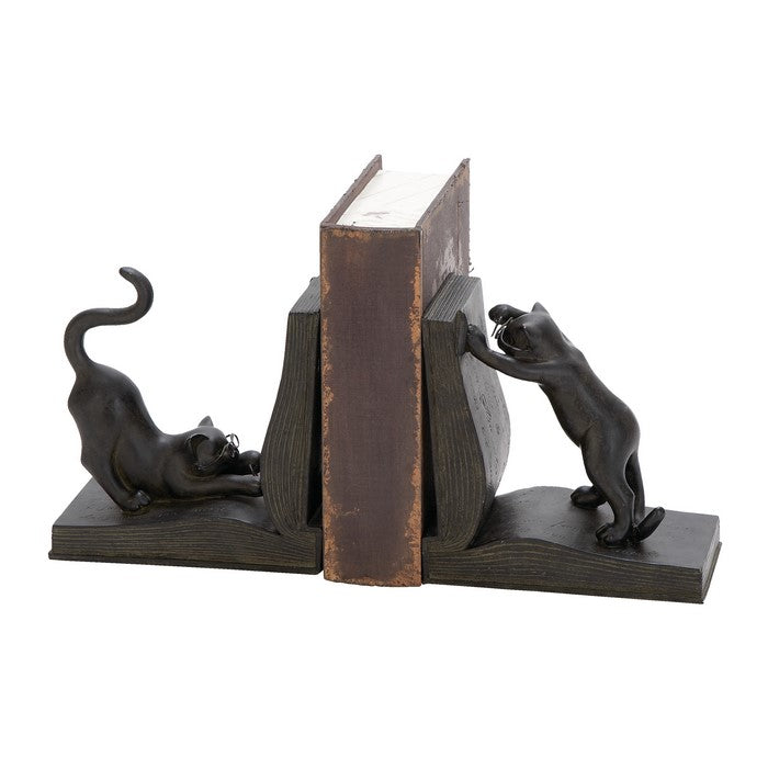 Polystone Bookend Pair with Book Opening Cats, Black