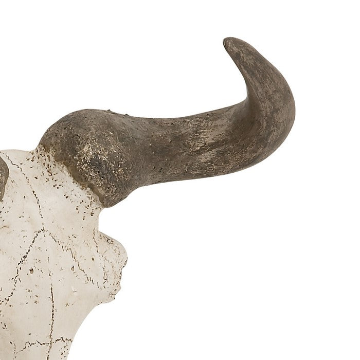 Polystone Faux Steer Skull Wall Decor with Pointed Horns, White and Gray