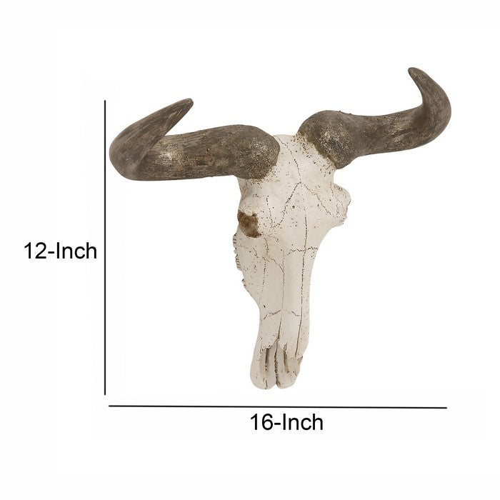 Polystone Faux Steer Skull Wall Decor with Pointed Horns, White and Gray