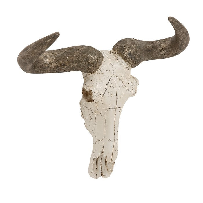 Polystone Faux Steer Skull Wall Decor with Pointed Horns, White and Gray