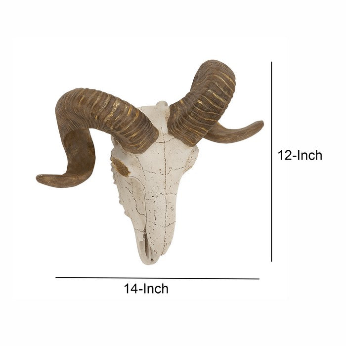 Polystone Faux Ram Skull Wall Decor with Metallic Accents, White and Bronze