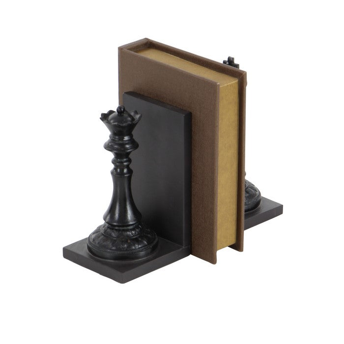 Polystone Bookend Pair with Chessboard King and Queen, Black