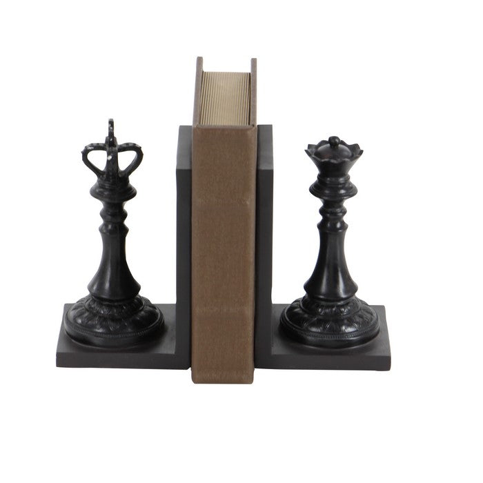 Polystone Bookend Pair with Chessboard King and Queen, Black