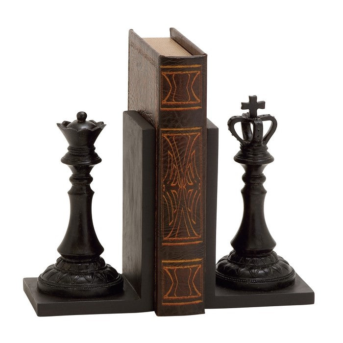 Polystone Bookend Pair with Chessboard King and Queen, Black