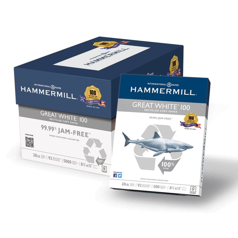 Hammermill Paper, Great White, 100% Recycled Copy Paper, 20lb, 8.5 x 11, Letter, 92 Bright, 5000 Sheets/10 Ream Case (086790) Made In The USA