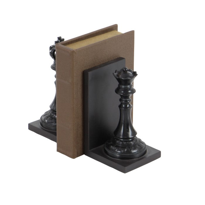Polystone Bookend Pair with Chessboard King and Queen, Black