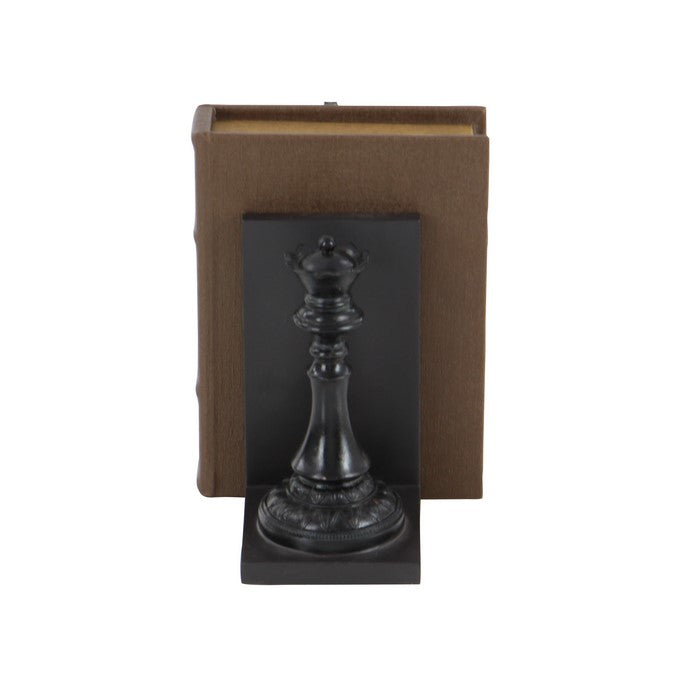 Polystone Bookend Pair with Chessboard King and Queen, Black