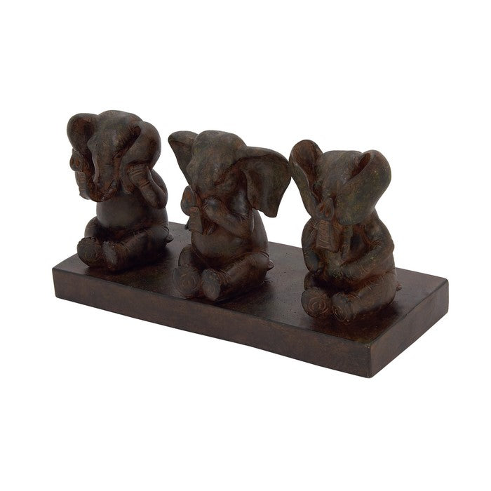 3 Sitting Elephant Polystone Table Decor with Rectangular Base, Brown