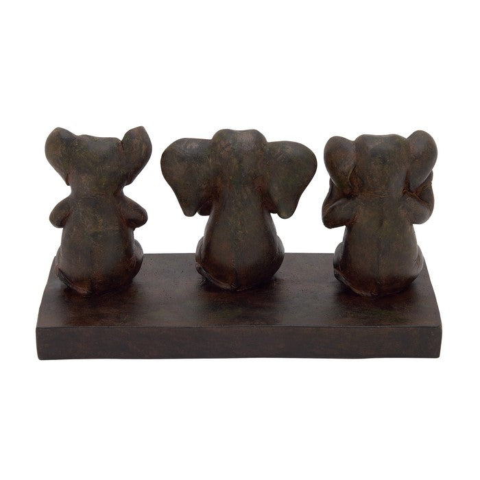 3 Sitting Elephant Polystone Table Decor with Rectangular Base, Brown