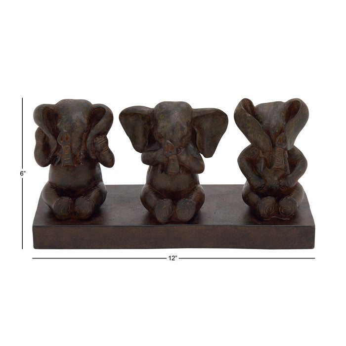 3 Sitting Elephant Polystone Table Decor with Rectangular Base, Brown