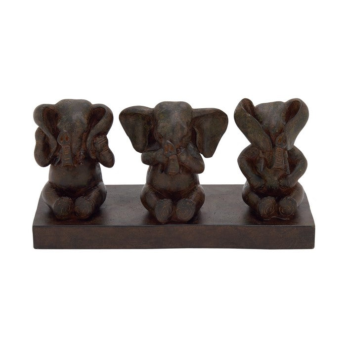 3 Sitting Elephant Polystone Table Decor with Rectangular Base, Brown