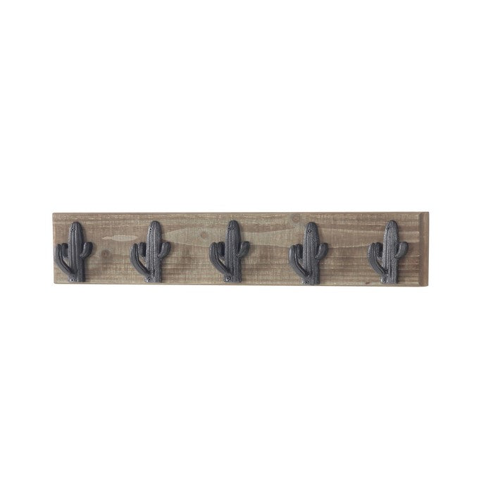 Rectangular Wooden Plank with Five Metal Wall Hooks, Weathered Brown