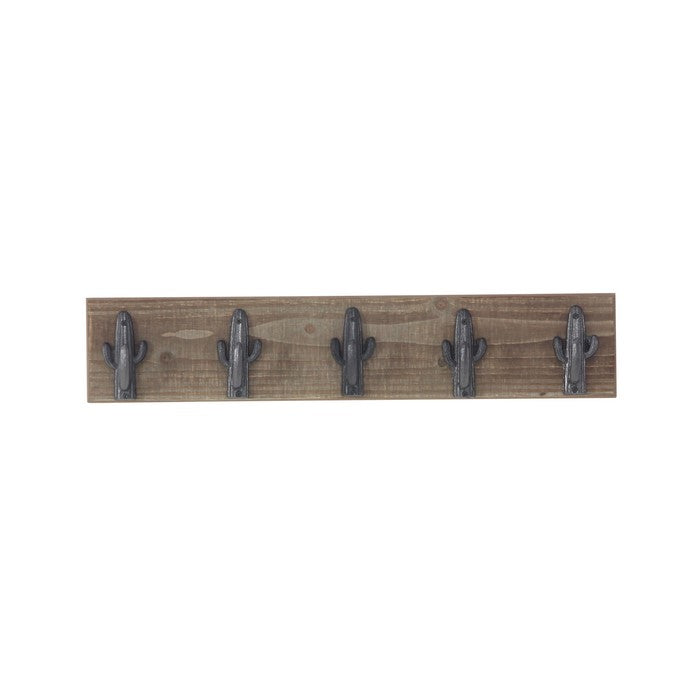 Rectangular Wooden Plank with Five Metal Wall Hooks, Weathered Brown