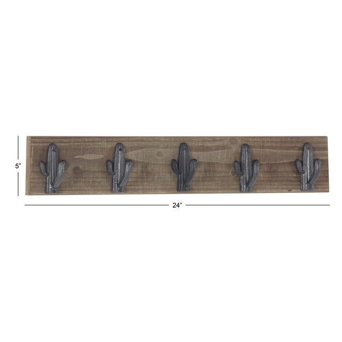 Rectangular Wooden Plank with Five Metal Wall Hooks, Weathered Brown