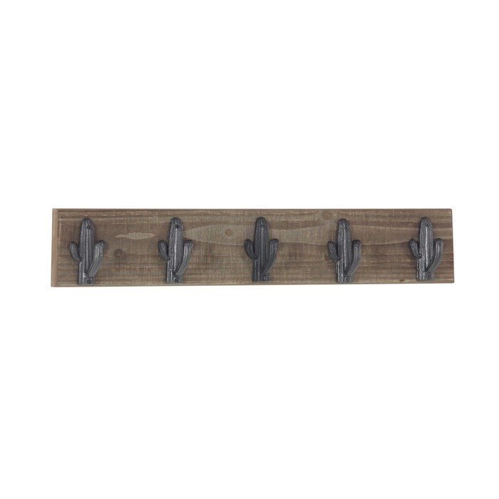Rectangular Wooden Plank with Five Metal Wall Hooks, Weathered Brown