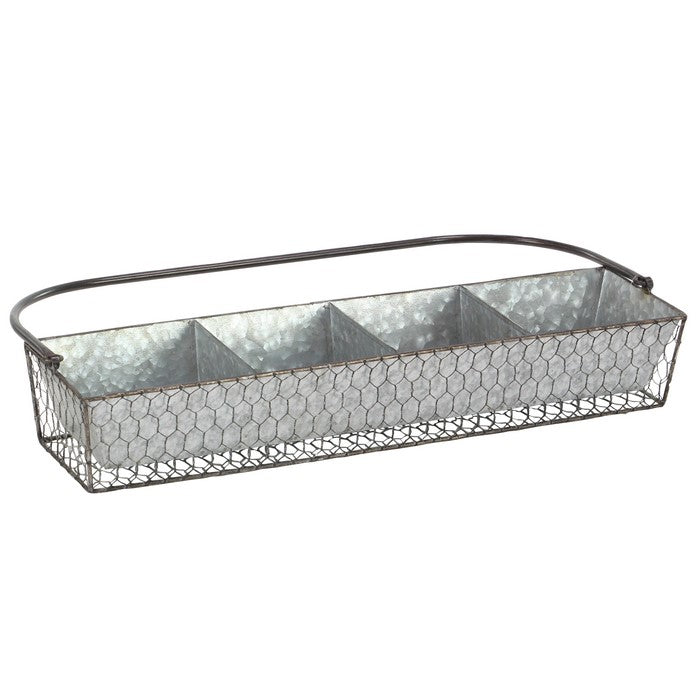 Rectangular Wire Mesh Metal Plant Caddy with Handle and 4 Planters, Gray