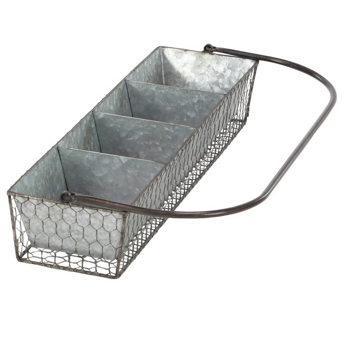 Rectangular Wire Mesh Metal Plant Caddy with Handle and 4 Planters, Gray