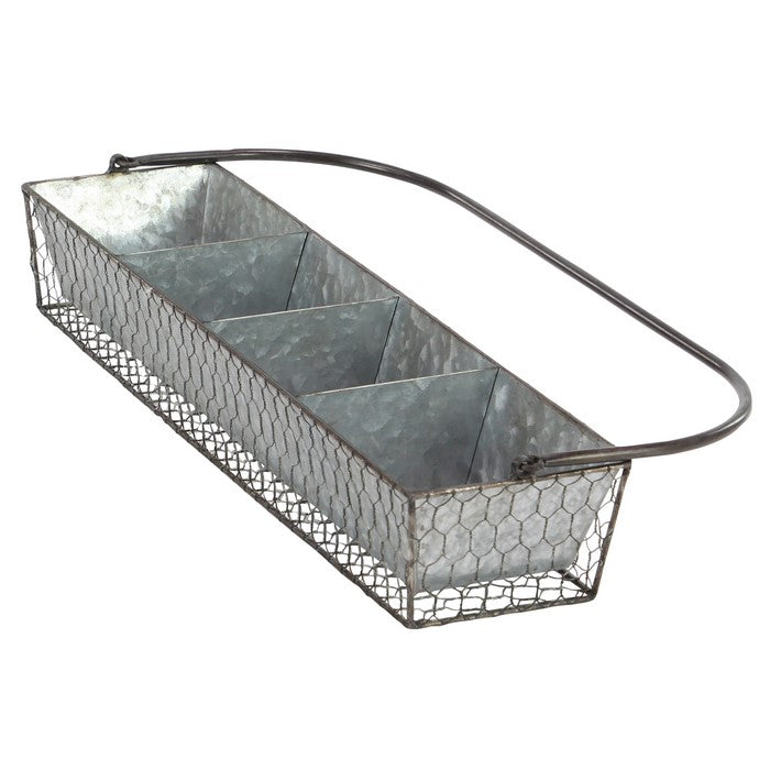 Rectangular Wire Mesh Metal Plant Caddy with Handle and 4 Planters, Gray