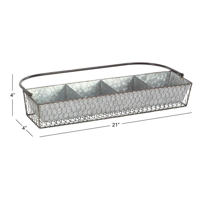Rectangular Wire Mesh Metal Plant Caddy with Handle and 4 Planters, Gray