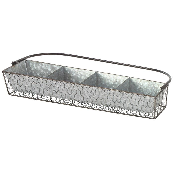 Rectangular Wire Mesh Metal Plant Caddy with Handle and 4 Planters, Gray