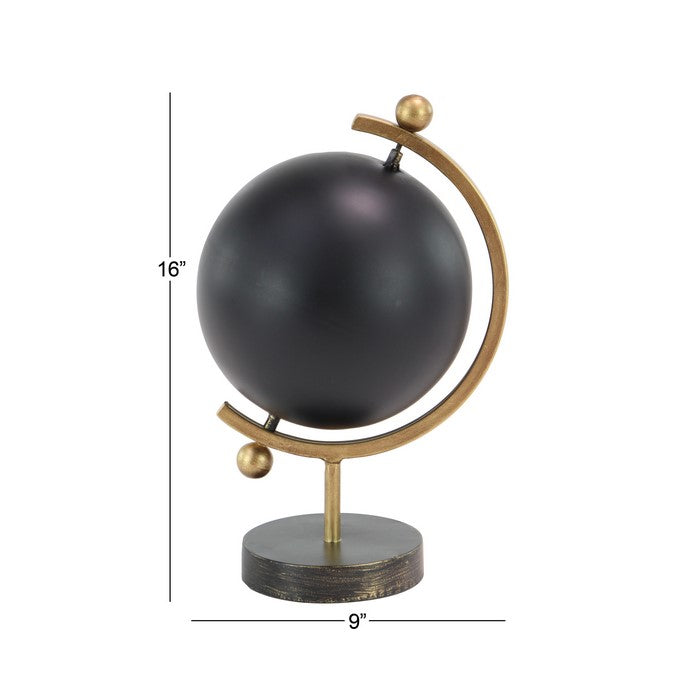 Metal Globe with Angled Axis and Stable Round Base, Gold and Black