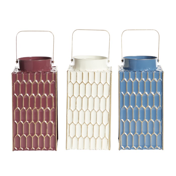 Metal Lantern with Hexagonal Pattern and Handle, Set of 3, Multicolor