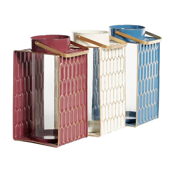 Metal Lantern with Hexagonal Pattern and Handle, Set of 3, Multicolor