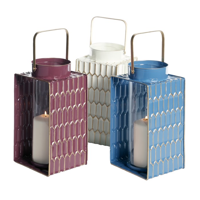 Metal Lantern with Hexagonal Pattern and Handle, Set of 3, Multicolor