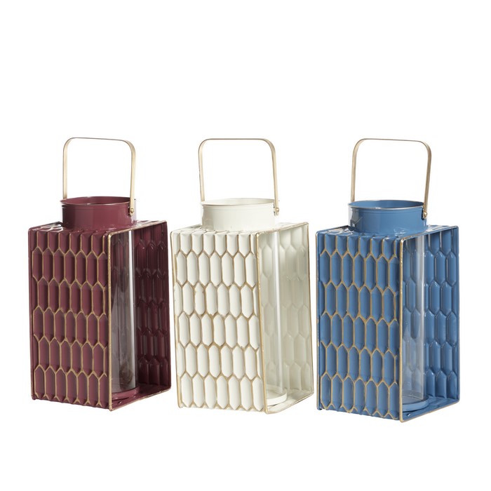 Metal Lantern with Hexagonal Pattern and Handle, Set of 3, Multicolor