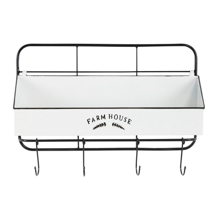 Metal Wall Shelf with Open Compartment and Four Hooks, White