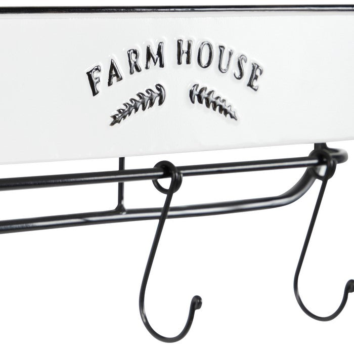 Metal Wall Shelf with Open Compartment and Four Hooks, White
