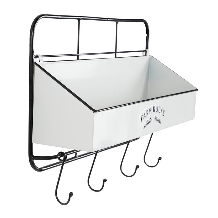 Metal Wall Shelf with Open Compartment and Four Hooks, White