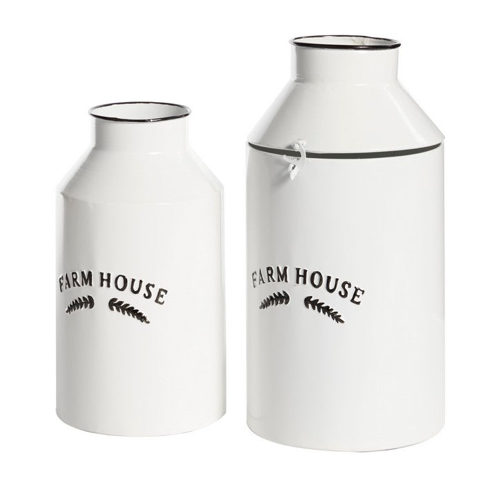 Metal Jar with Cylindrical Body and Tapered Neck, Set of 2, White