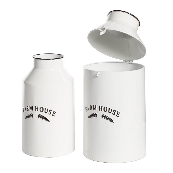Metal Jar with Cylindrical Body and Tapered Neck, Set of 2, White